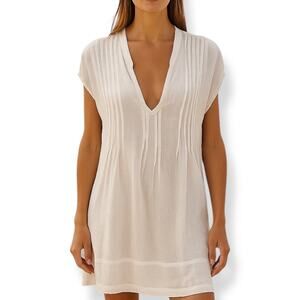 CP Shades Size M Pleated Front Babydoll Linen Dress White Coastal Popover Summer